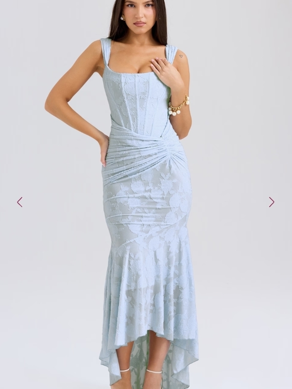 House of CB Pale Blue Lace High-Low Square Neck Dress - Picture 2 of 7
